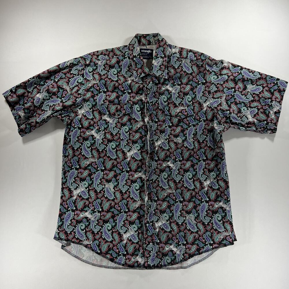 Vintage 90s Wrangler Brushpopper Style Western Shirt XL 17.5 Black Teal Paisley